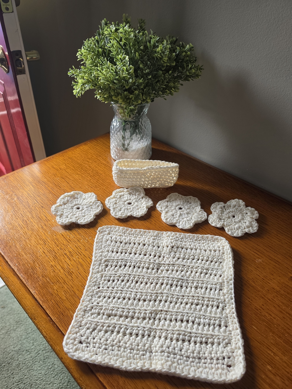 Handmade Cream Crochet Washcloth Set with Floral Coasters